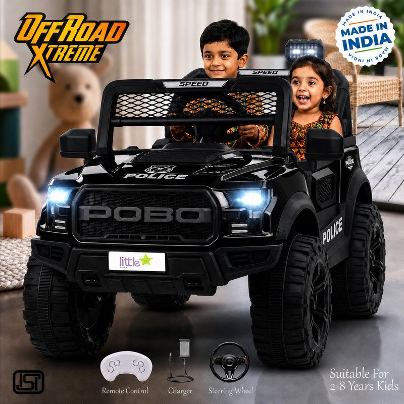 LITTLE RIDES Pobo 12v Battery Operated Jeep for Kids, with Light & Music | Big Jeep Battery Jeep Battery Operated Ride On(Black)