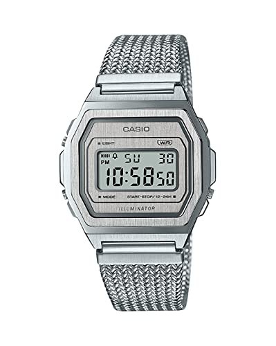 Casio Unisex Vintage A1000MA-7DF Silver Digital Dial Silver Stainless Steel Mesh Band D278