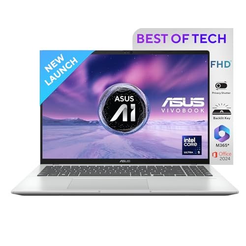 ASUS Vivobook 16, Smartchoice, Intel Core Ultra 5 Series 2, 16GB RAM, 512GB SSD, FHD+ 16″, Windows 11, Office Home 2024, Silver, 1.88kg, X1607CA-MB142WS, Intel iGPU, M365 Basic (1Year)* Laptop