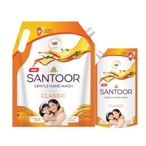 Santoor Classic Gentle Hand Wash 1300+650ml with Natural Goodness of Sandalwood & Tulsi| Rich Lathering Formula With Anti-Bacterial Properties| Soft on Hands| Soothes & Hydrates Skin