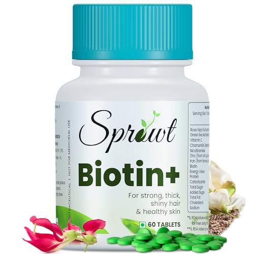 Sprowt Biotin+ Tablet | Supplement For Strong Thick Hair & Glowing Skin | Improve the Energy Level | With Vitamin C, Green tea, Rosehip Extracts | Men & Women | 60 Biotin Veg Tablets