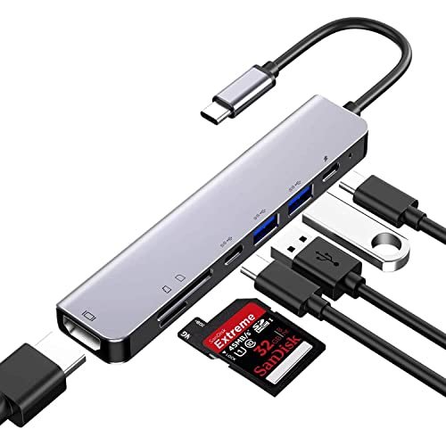 RuhZa USB C Type HUB 7 in 1 Adapter Multi Port Dongle Type-C to 2 x USB 3.0/USB 2.0, 1 x 4K HDMI, 2 x USB C with PD 3.0 Charging Port, SD/TF Reader for MacKBook, Chromebook, DELL Other Type C Devices