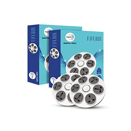 Wipro North West UFO 6+1 Flex Box with 6 Universal Socket & Single Switch | 2 meter long Extension Cord | Ultra smooth Rotation | Round Powerstrip for Home, Office | Pack of 2 | Grey & White