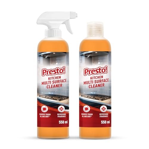 Amazon Brand – Presto! Kitchen Multi Surface cleaner | 1.1 L | 550 ml x Pack of 2| Removes Tough Stains | Refreshing Fragrance | Suitable For All Kitchen Surfaces, Tiles, Marbels, Cabinets