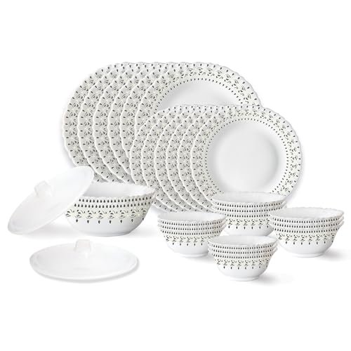 Larah by Borosil Ora Gold Fluted Series Opalware Dinner Set | 28 Pieces for Family of 6 | Microwave & Dishwasher Safe | Bone-Ash Free | Crockery Set for Dining & Gifting | Plates & Bowls | White