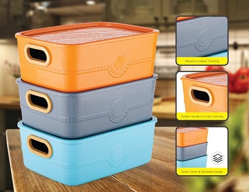 PULSBERY Present Leather-Finished Stackable Storage Boxes, Clothes, Multipurpose Vegetables, Toys, Books, Office, Stationery, Wardrobe, Set of 3, Orange, Grey, Blue, With Handles, Space Saver Design