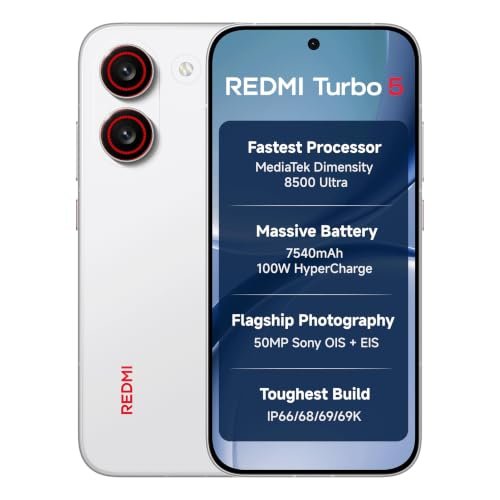REDMI Turbo 5 (8GB + 256GB) Turbo White | MediaTek Dimensity 8500 Ultra | Mega 7540mAh Battery | 100W HyperCharge | Compact 16.75cm(6.9) 120Hz Display | 50MP Sony OIS Camera | Upto 60% Assured Buyback