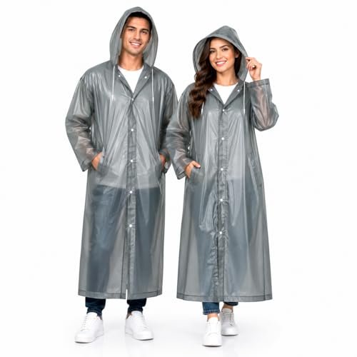 MIKANIX Waterproof Hooded Raincoat for Men & Women | Full Length Reusable PVC Rain Wear | Lightweight Windproof Rain Jacket with Front Button Closure & Pockets (Grey)