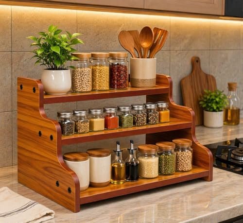 Wixidoor 3-Tier Spice Rack, 13.8 Inch Wood Step Shelf Countertop Spice Storage Holder, Kitchen Pantry Cabinet Organizer Cupboard for Spice Bottles, Jars, Seasonings, Baking Supplies,