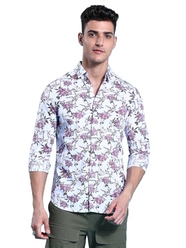 The Indian Garage Co White Slim Fit Cutaway Collar Floral Print Long Sleeves Shirt