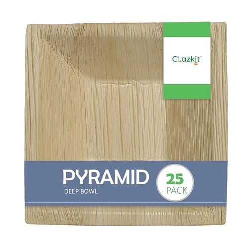 Clazkit 25 Pack Areca Deep Pyramid Bowl | Like Wooden Bamboo | Eco Friendly, Biodegradable, Use and Throw Small Dona | for Serving Pasta, Soup & Snacks | Birthday, Wedding & Party (6.5 Inch)
