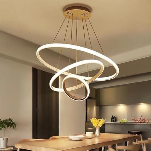 Modern LED 3 Ring Pendant Chandelier Light | Contemporary Hanging Ceiling Lamp | Warm White Decorative Lighting Fixture | Gold Finish | Ideal for Dining Room, Living Room, Kitchen Island & Hall