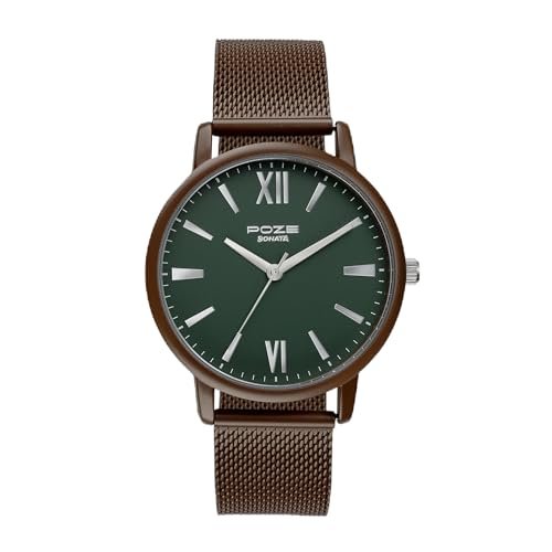 Sonata Poze Quartz Analog Green Dial Mesh Strap Watch for Men-SP70039KM04W