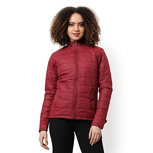 Campus Sutra Women’s Red Hooded Puffer Regular Fit Bomber Jacket For Winter Wear | Low-Cut Standing Collar | Full Sleeve | Zipper | Casual Jacket For Woman & Girl
