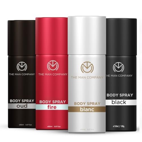 he Man Company Deodorant for Men Gift Set | Pack of 4 Body Sprays (150ml Each) | Long Lasting Deodorant for Men | Black, Blanc, Fire & Oud | Premium Fragrance with Musk, Sandalwood, Amber & Patchouli | Daily Office Wear Deo