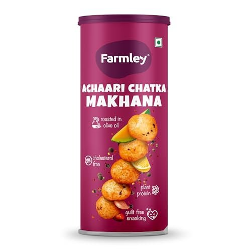 Farmley Roasted and Flavoured Makhana | Achaari Chatka Makhana | Namkeen Snacks & Puffed Snacks | Healthy Snack | Cholesterol & Gluten Free | Rich In Protein & Fiber | Roasted in Olive Oil – 77g Jar
