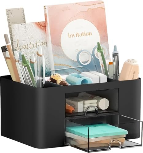 Shuttle Art Cute Desk Organizer with Drawer | Pen Stand for Study Table, Office Use | Storage Box for Stationery, Art Supplies, Sticky Notes | 5 Compartment Organizer for Home or School (Black)