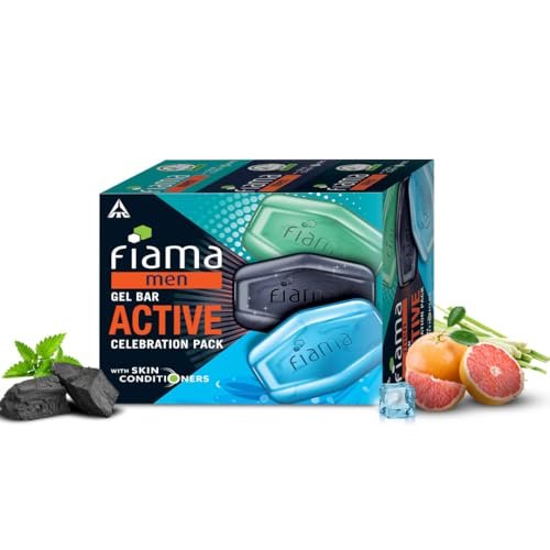 Fiama Men Gel Bar Active Celebration Pack with 3 Unique Gel Bars, 375g (125g – Pack of 3),Charcoal and Grapefruit, Refreshing Pulse and Energising Sport for Moisturised Skin, Soap for Men, For All Skin Types
