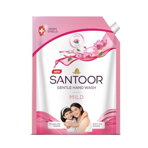 Santoor Mild Gentle Hand Wash 1200ml with Goodness of Lotus & Tulsi| Rich Lathering Formula with Anti-Bacterial Properties| Soft on Hands| Soothes & Hydrates Skin