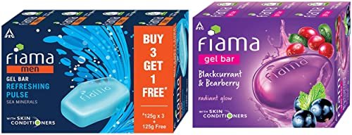 Fiama Men Refreshing Pulse Gel Bar, with Sea Minerals, with skin conditioners – 125g (Buy 3 Get 1 Free) & Fiama Gel Bar Blackcurrant and Bearberry 125 g soap (Pack of 3)