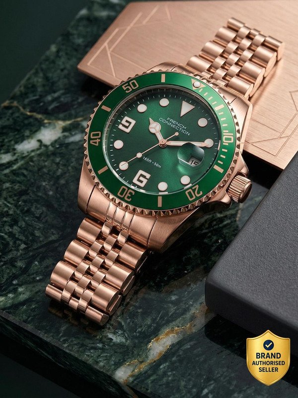 French Connection STEELORA Green Dated Sunray Round Dial | Rose Gold Stainless Steel Analog Watch for Men Analog Watch  – For Men