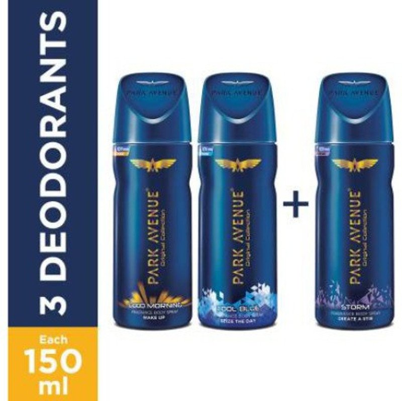 PARK AVENUE Good Morning , Cool Blue & Storm Deodorant Spray – For Men (450 ml, Pack of 3) Body Mist  –  For Men(450 ml, Pack of 3)