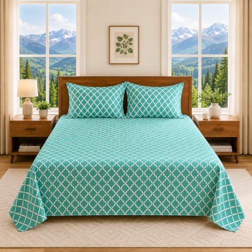 Linen and Loom Teal Geometric Queen Size Bedsheet with 2 Pillow Covers | Soft, Breathable & Bedding Set | Modern Diamond Pattern Room Decor (90 x 100 Inches)