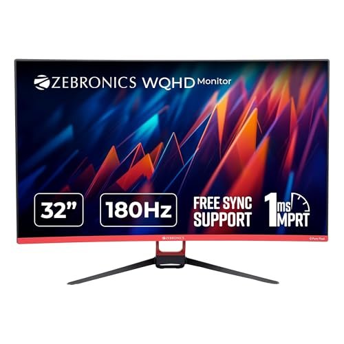ZEBRONICS S32A, 1800R Curved Gaming Monitor, 32 inch (80cm), 280 nits, 180Hz, WQHD, 2560×1440, FreeSync, 1ms MPRT, HDMI, DP, HDR10, Bezel Less, Built-in Speakers, Wall Mountable