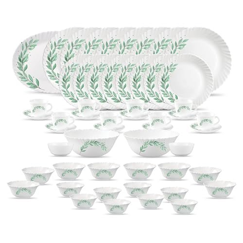 La Opala Diva Classique Collection Opal Glass Crockery | for Family of 8 | Dinner Set 53 pcs Olive Trails | Plates, Bowls & Cups for Dining | Microwave Safe | 100% Vegetarian | Extra Strong | White