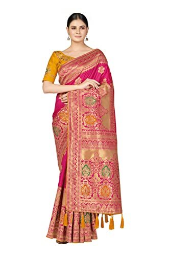 Monjolika Fashion Women’s Soft Banarasi Style Silk Saree With Blouse Piece For Wedding(45560_Color_Rani Pink)