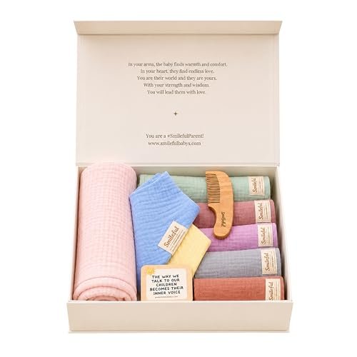 Smileful Organic & Toxin-Free Baby Gift Set | Premium Crinkled Muslin | 10 Piece | AZO-Free,Skin-Friendly,Eco-Friendly | Unisex Newborn Gift Box-Boys & Girls | 0–18 Months | Baby Shower & Naming Ceremony Gift