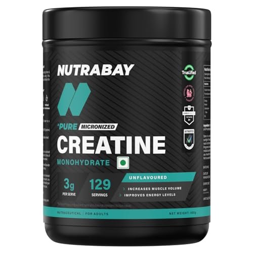 Nutrabay Pure Micronised Creatine Monohydrate Powder 3000 mg/Serving |Trustified Certified | Fast Absorption – Increases Lean Muscle Mass, Strength & Power – 400g, Unflavoured