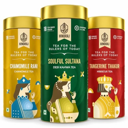 Hindraj Chamomile, Hibiscus & Kahwa Herbal Tea Pack 54 Tea Bags (3 18) Variety Pack Herbal Blends for Sleep, Detox & Immunity Caffeine-Free, No Added Sugar