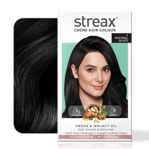Streax Crème Permanent – 1 Natural Black Hair Colour- 140 Ml, 100% Grey Coverage, Ammonia Free, Long Lasting For Women(Colourant Tube 60G,Developer Bottle 60Ml,Conditioner 20G)