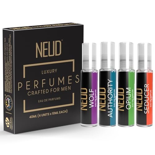 NEUD Luxury Perfume Gift Set for Men – Long Lasting Eau de Parfum (Citrus, Lavender, Cedarwood, Vanilla) – 1 Pack (4 x 10ml Vials)