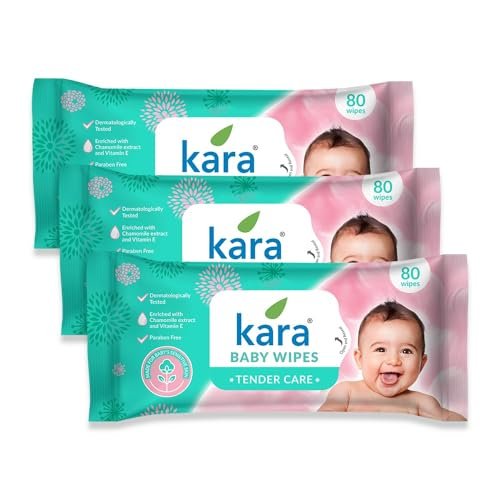 Kara Tender Care Baby Wipes – 80 Pulls (Pack of 3) | Gentle Protection for Your Baby’s Sensitive Skin | Dermatologically Tested & Paraben Free | Enriched with Chamomile Extract and Vitamin E
