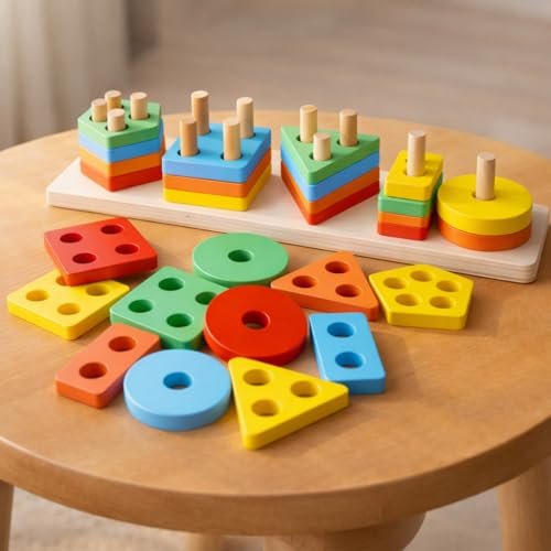 Toyshine Kids Wooden Angle Geometric Blocks Stacker Shape Sorter Column Puzzle Stacking Set – 5 Columns