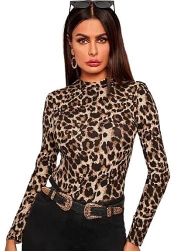 Dream Beauty Fashion Women’s Mock High Neck Leopard Print Full Sleeve Top Slim Fit (Empire-Cheetah Black-L)