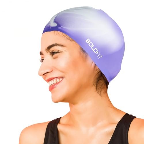 Boldfit Swimming Cap for Men Silicone, for Women Unisex for Kids Boys & Girls, for Women Long Hair Head Cap Men Silicone Fabric, Easy Fit – WhitePurple
