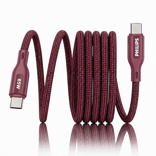 PHILIPS DLC4130CI/94 65W Type-C to Type-C Fast Charging Cable (1m, Iron Red) | Nylon Braided | Compatible with iPhone 15+ Series, USB-C iPad Models, Samsung Galaxy & All Type C Devices