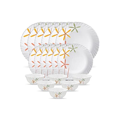 La Opala Novo Collection Opal Glass Crockery | for Family of 6 | Dinner Set 18 pcs Autumn Flower | Plates & Bowls for Dining | Microwave Safe | 100% Vegetarian | Extra Strong | Light & White