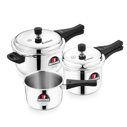 Bergner Sorrento Stainless Steel Outer Lid Pressure Cooker Combo – 5 Liters Cooker, 2 Litres and 3 Litres Cooker with a Common Lid, Heavy Bottom, Healthy Cooking – Induction and Gas Stove Ready