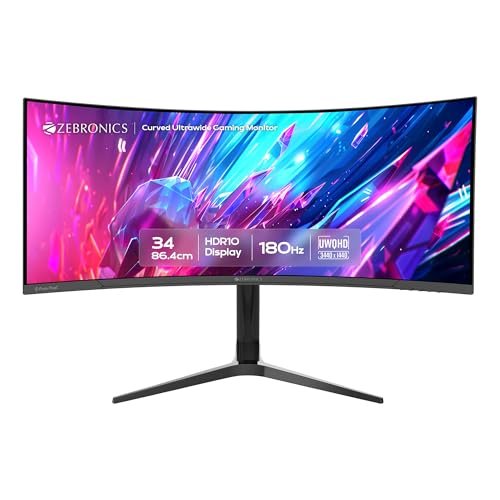 ZEBRONICS PA234 34 Inch 1500R Curved Ultrawide Gaming Monitor, UWQHD 3440×1440, 180Hz, 1ms MPRT, HDR10, Adaptive Sync, 100% sRGB, Height/Pivot/Swivel/Tilt Adjust, 2 x DP, 2 x HDMI Ports