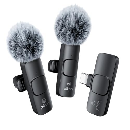 pTron KWM-1 Omnidirectional Type C Wireless Microphone w/DSP Noise Cancellation, Plug & Play, 25m Wireless Range, Lapel Wireless Collar Mic for Video Recording, Supports Type C Android, iPhone (Onyx)