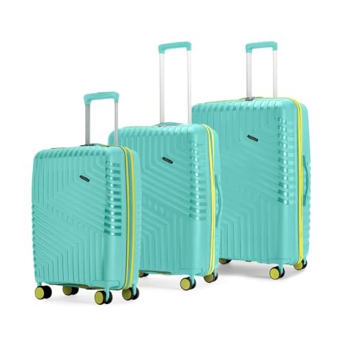 LAttitude By Provogue Core Set of 3 Trolley Bags Cabin + Medium + Large Polypropylene Hard Suitcase, 8 Spinner Wheels, Recessed Number Lock, Luggage for Men & Women Aegean Blue/Meadow Yellow