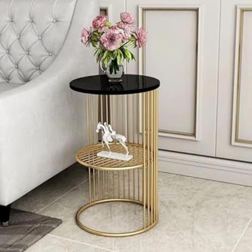 Furniture Café Modern Round Side Table with White Marble Top & Golden Metal Frame – End Table with Storage Shelf for Living Room & Bedroom