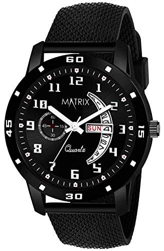 Matrix Analog Day & Date Display Stainless Steel Band Wrist Watch For Men & Boys (Black)