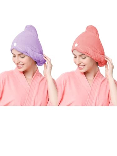 Cortina Microfiber Hair Towel Cap, Soft Absorbent Quick Drying Cap for Curly Thick Hair, Wrap Cap for Women Girls-Pack of 2,Purple-Pink