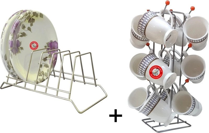 KITCHEN KART Utensil Kitchen Rack Steel Plate Stand Holder With Cup Stand Holder for Plates/Cup/Mug Combo (Pack of 2)