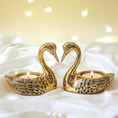 Behoma Aluminium Pair of Swans Tea Light Candle Holder with 2 T-Light Candles for Home Décor Living Room | Decorative Romantic Swan Couple Showpiece for Table Décor | Anniversary Wedding Gift | Golden